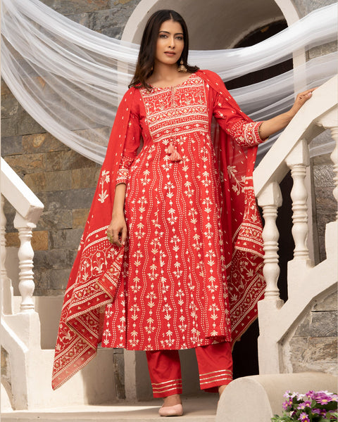 Red Cotton Sequins Work Anarkali Kurta With Pant & Dupatta