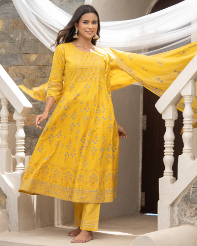 Yellow Cotton Sequins Work Anarkali Kurta With Pant & Dupatta