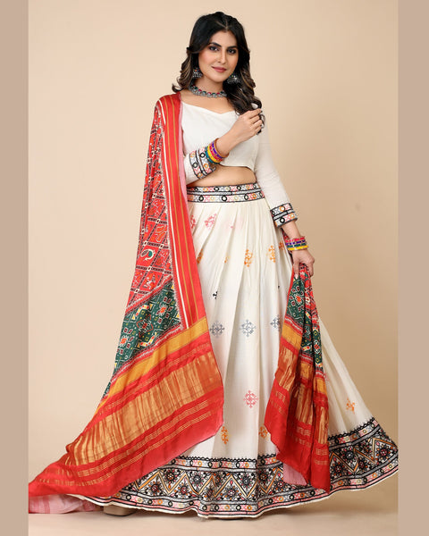 White Rayon Multithread Dandiya Garba Lehenga Choli With Gaji Silk Multicolor Dupatta