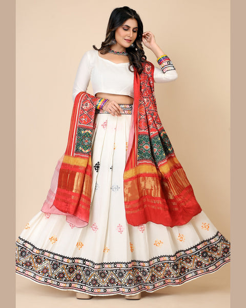 White Rayon Multithread Dandiya Garba Lehenga Choli With Gaji Silk Multicolor Dupatta
