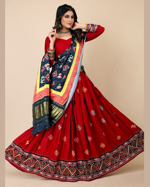Red Rayon Multithread Dandiya Garba Lehenga Choli With Gaji Silk Multicolor Dupatta