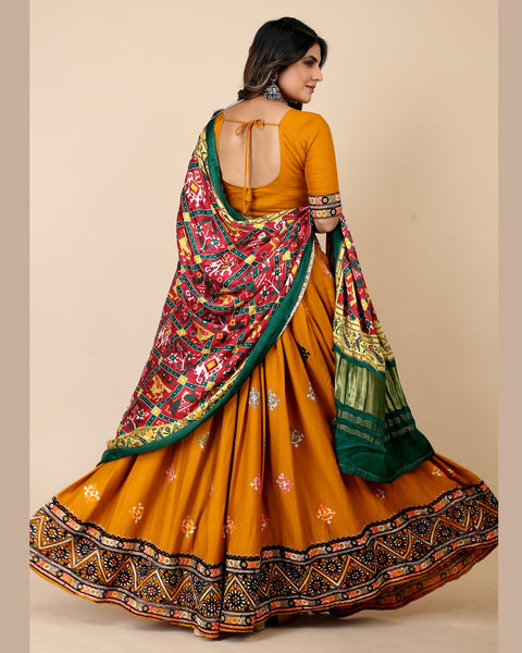 Yellow Rayon Multithread Dandiya Garba Lehenga Choli With Gaji Silk Multicolor Dupatta