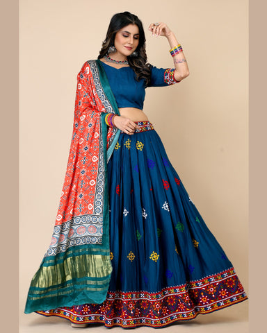 Blue Rayon Multithread Dandiya Garba Lehenga Choli With Gaji Silk Multicolor Dupatta