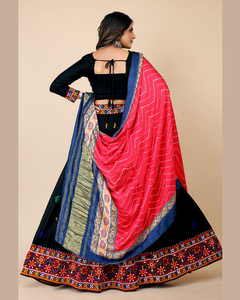 Black Rayon Multithread Dandiya Garba Lehenga Choli With Gaji Silk Multicolor Dupatta