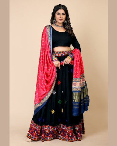 Black Rayon Multithread Dandiya Garba Lehenga Choli With Gaji Silk Multicolor Dupatta