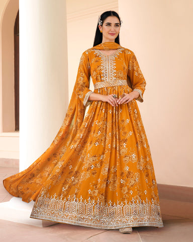 Yellow Georgette Digital Print Sequins Work Anarkali Suit With Printed Dupatta