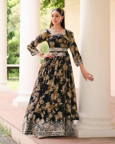 Black Georgette Digital Print Sequins Work Anarkali Suit With Printed Dupatta