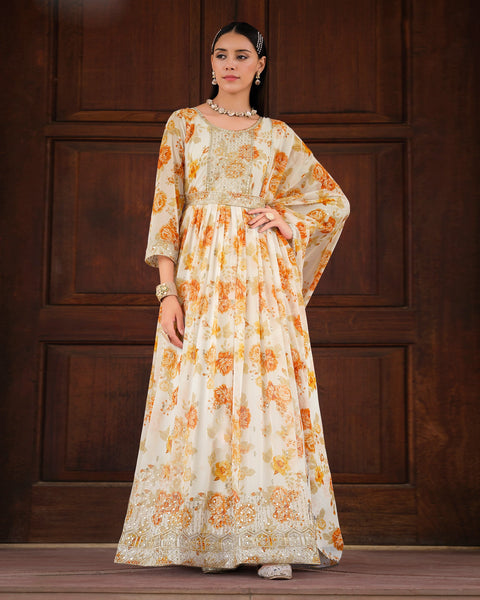Off White Georgette Digital Print Sequins Work Anarkali Suit With Printed Dupatta