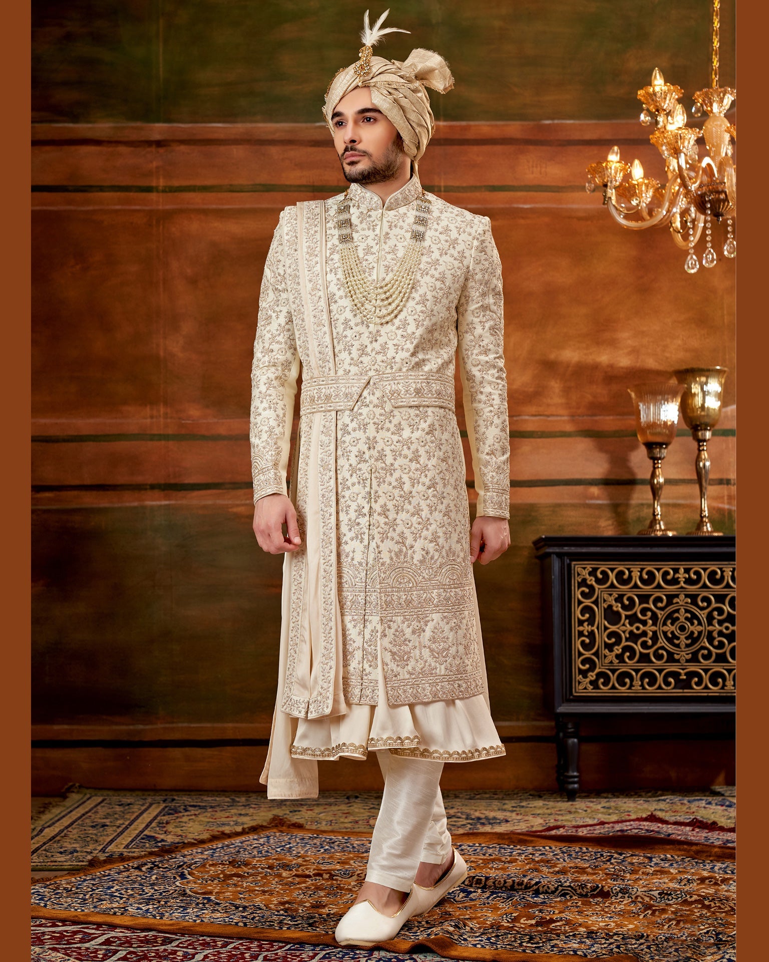 Cream Art Silk Anarkali Style Groom Sherwani 44
