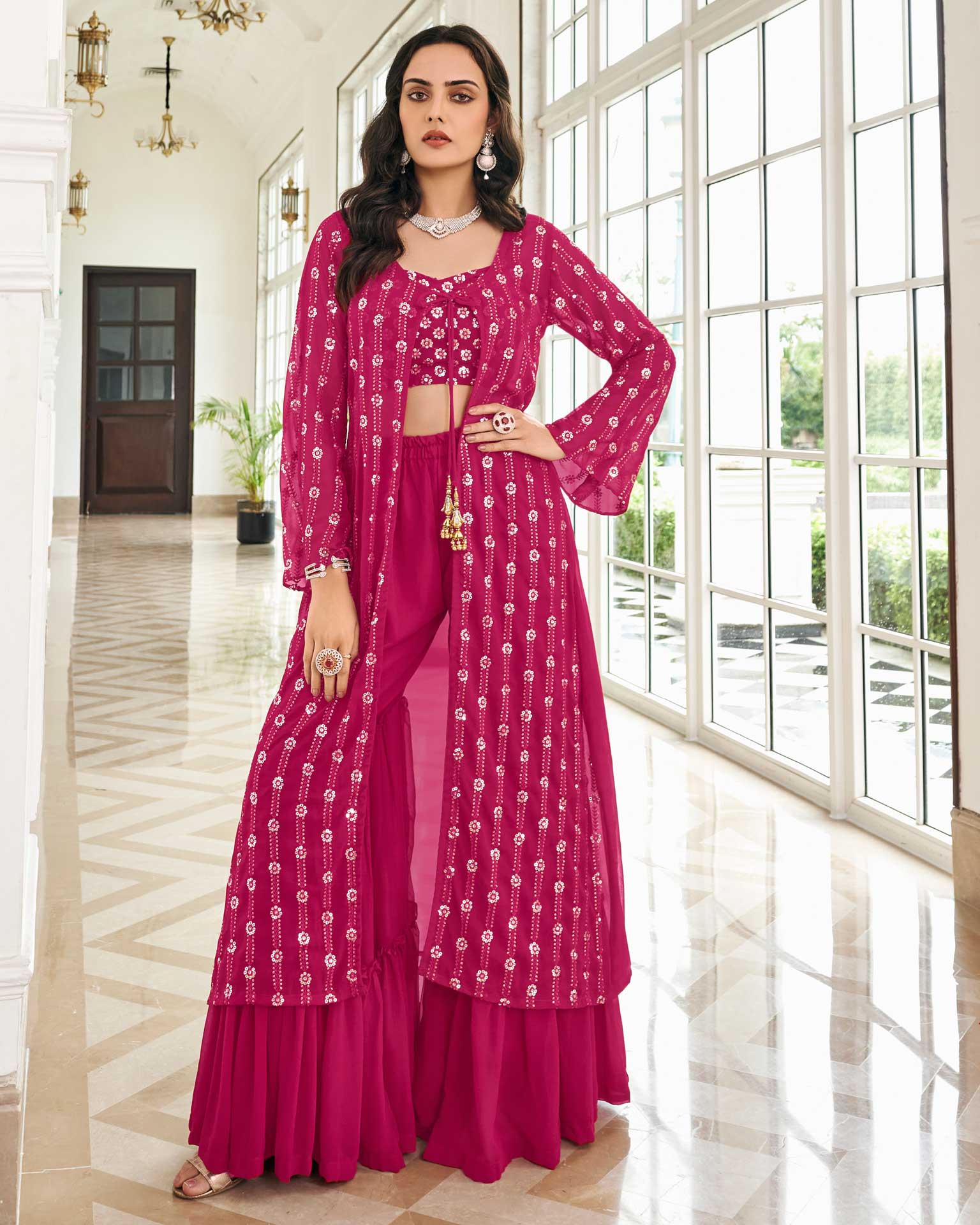 Mauve Georgette Crop Top Sharara Suit with Jacket - PSKDDF2592 from...