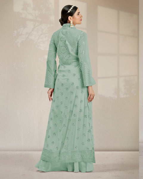 Green Mirror Work Palazzo Suit With Jacket 