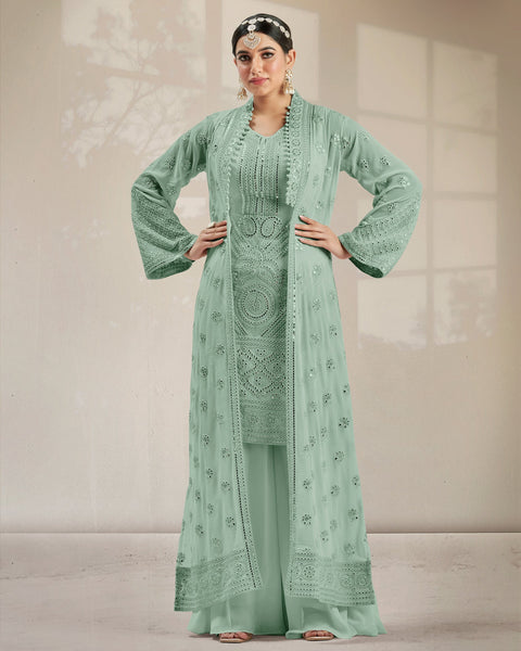 Green Mirror Work Palazzo Suit With Jacket 
