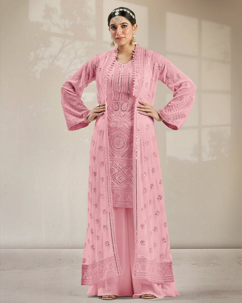 Pink Mirror Work Palazzo Suit With Jacket 