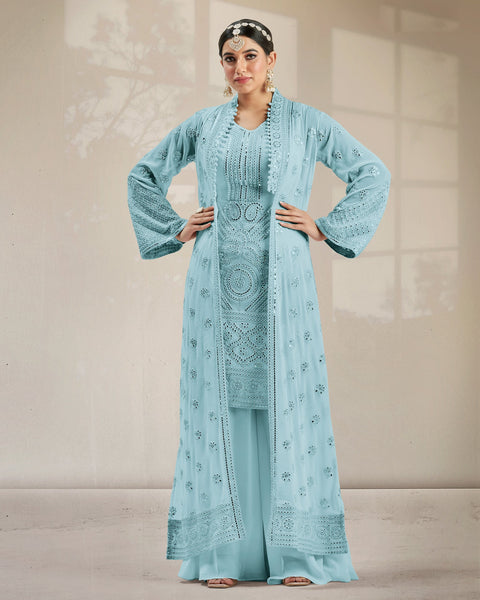 Sky Blue Mirror Work Palazzo Suit With Jacket 