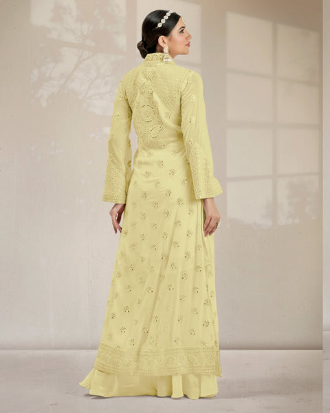 Light Yellow Mirror Work Palazzo Suit With Jacket 