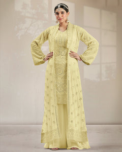 Light Yellow Mirror Work Palazzo Suit With Jacket 