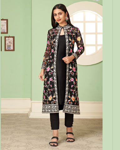 Black Georgette Floral Embroidered Churidar Suit With Jacket
