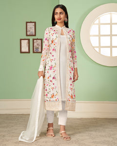 Off White Georgette Floral Embroidered Churidar Suit With Jacket