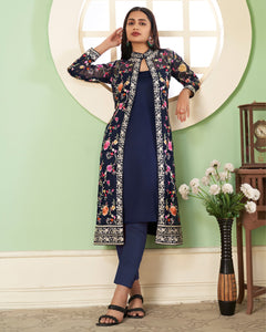 Blue Georgette Floral Embroidered Churidar Suit With Jacket