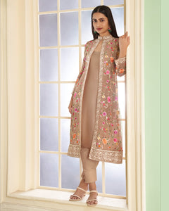 Light Brown Georgette Floral Embroidered Churidar Suit With Jacket