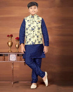 Blue Kids Kurta in Silk Fabric With Cream Jacket