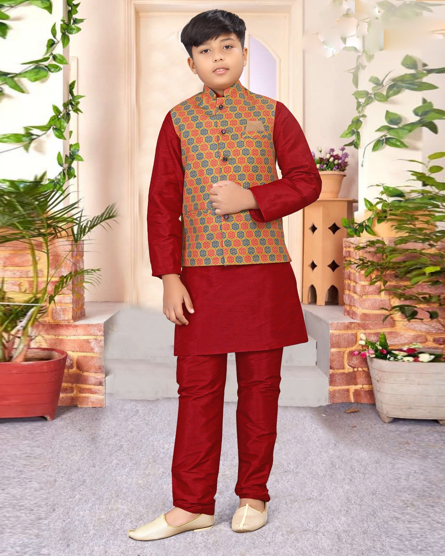 Red Kids Kurta in Silk Fabric With Multicolor Jacket