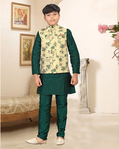Green Kids Kurta in Silk Fabric With Cream Jacket