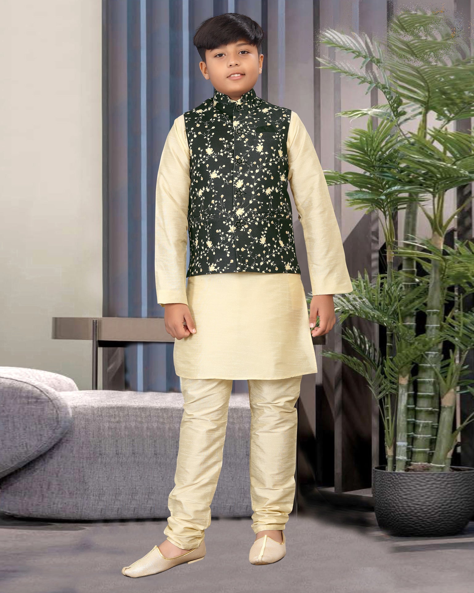 Fashion Today Teal Green Art Silk Jacket Style Boy's Kurta Pajama MKPA04346