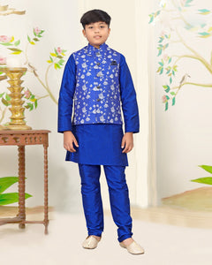 Blue Kids Kurta in Silk Fabric With Blue Jute Jacket
