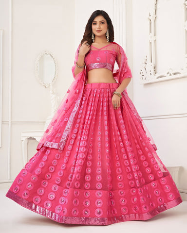 Bright Pink Sequins Embroidered Net Lehenga Choli With Net Dupatta