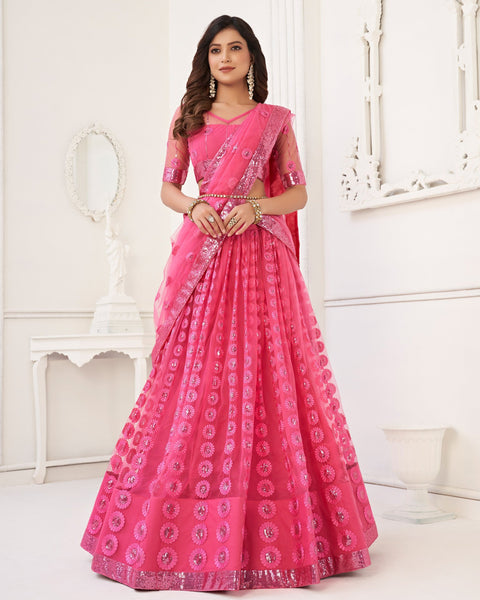 Bright Pink Sequins Embroidered Net Lehenga Choli With Net Dupatta