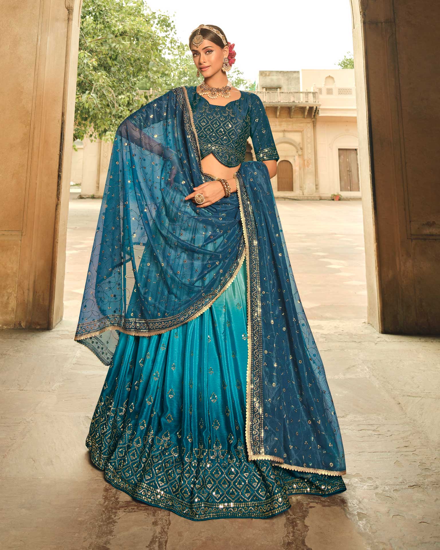 Buy Turquoise Blue Embroidered Unstitched Lehenga & Blouse With Dupatta  Online in India - Etsy