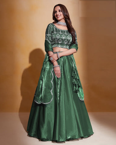 Green Thread & Sequins Embroidered Organza Silk Lehenga Choli With Green Organza Dupatta