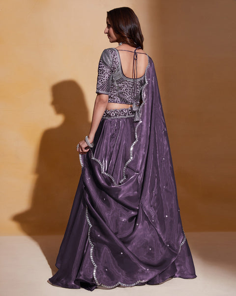 Purple Thread & Sequins Embroidered Organza Silk Lehenga Choli With Purple Organza Dupatta