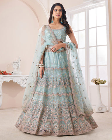 Turquoise Sequins Work Net Embroidered Lehenga Choli With Net Embroidered Dupatta