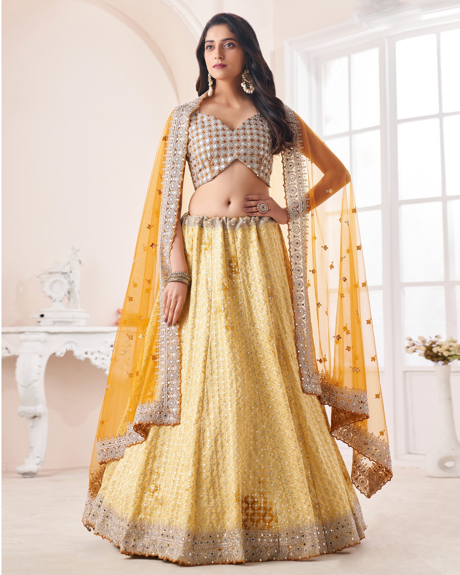 Buy BITE KITE Women's Embroidery And Mirror Work Unstitched Lehenga Choli  Suitable For Haldi And Sangeet Function (Lemon Yellow & White) at Amazon.in