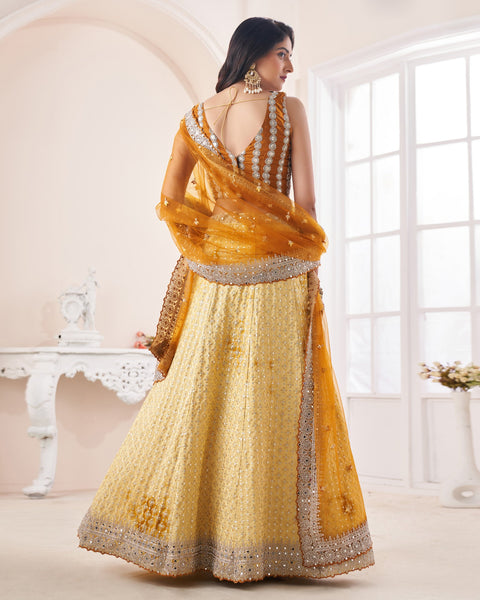 Yellow Mirror Work Georgette Embroidered Lehenga Choli With Net Embroidered Dupatta