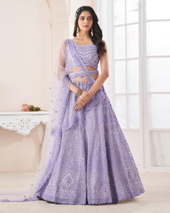Lilac Sequins Work Net Embroidered Lehenga Choli With Net Embroidered Dupatta