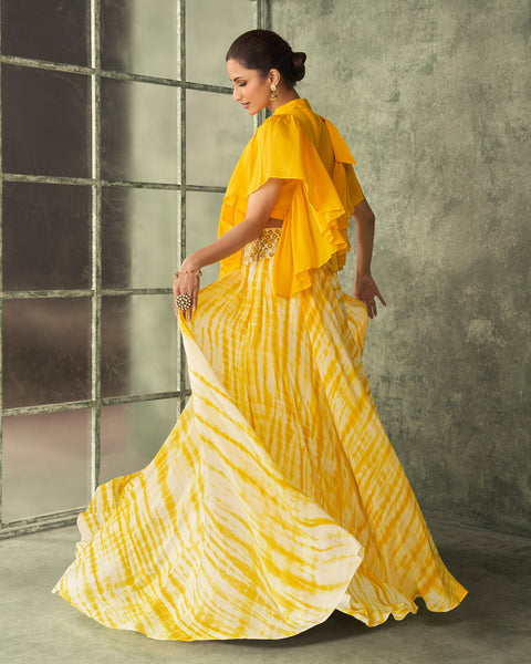 Yellow Silk Crop Top With Off White & Yelow Georgette Skirt For Haldi