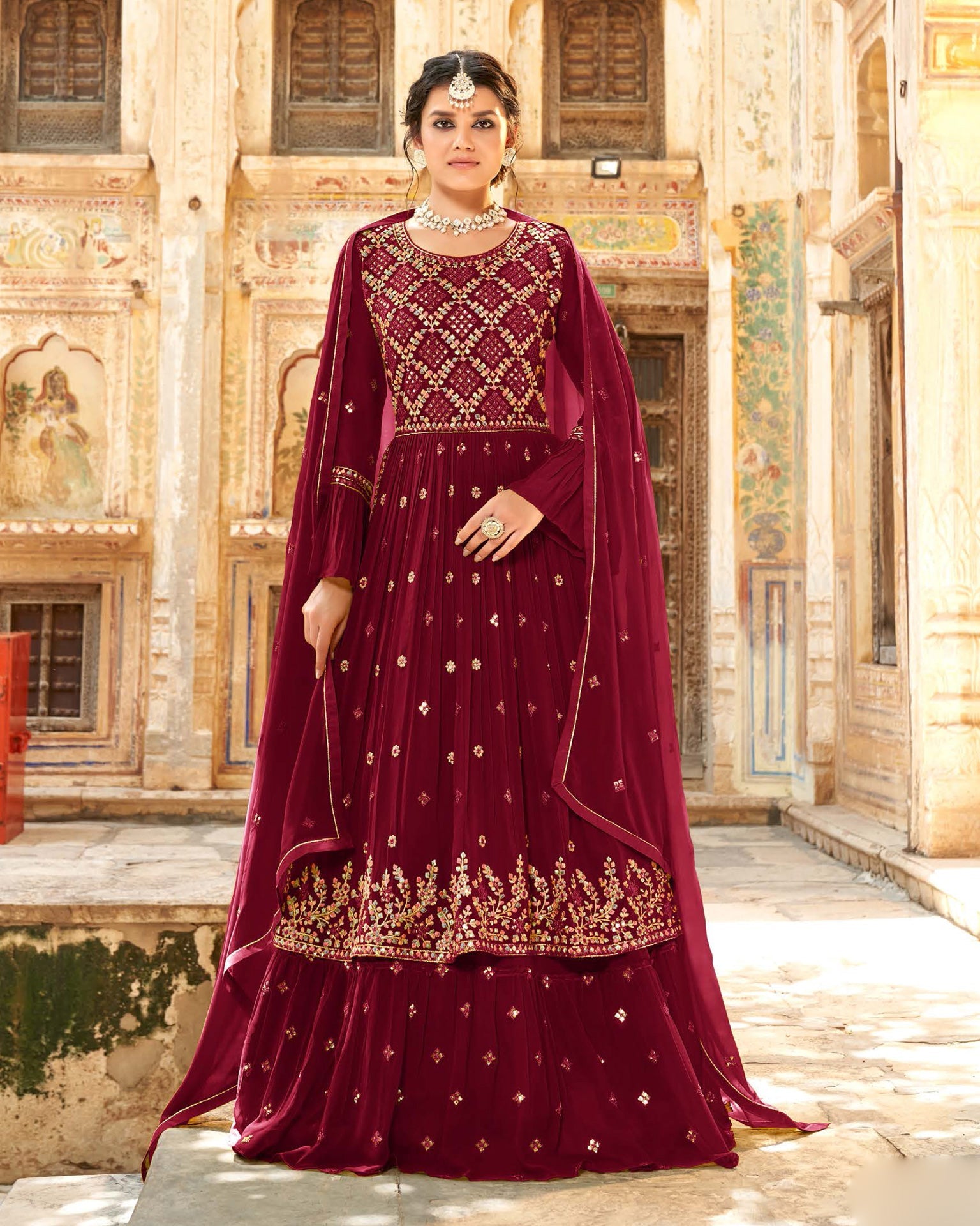 Bell Sleeves Red Georgette Naira Cut Anarkali Frock Suit With Lehenga –  Mehak Boutique