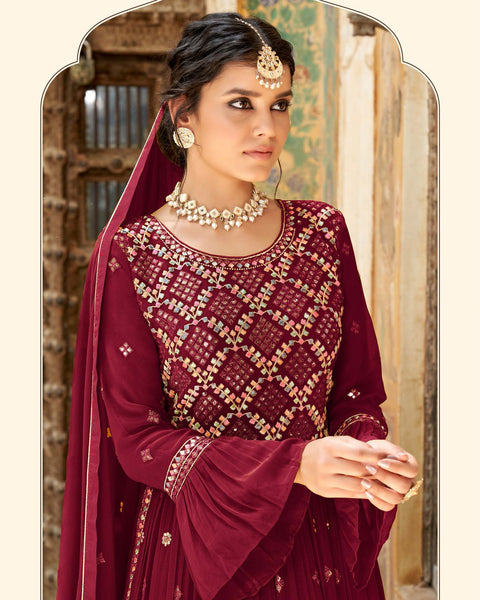 Naira Cut Maroon Georgette Bell Sleeve Embroidered Frock Suit With Lehenga