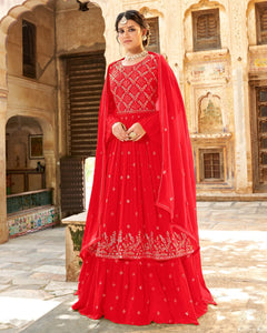 Naira Cut Red Georgette Bell Sleeve Embroidered Frock Suit With Lehenga