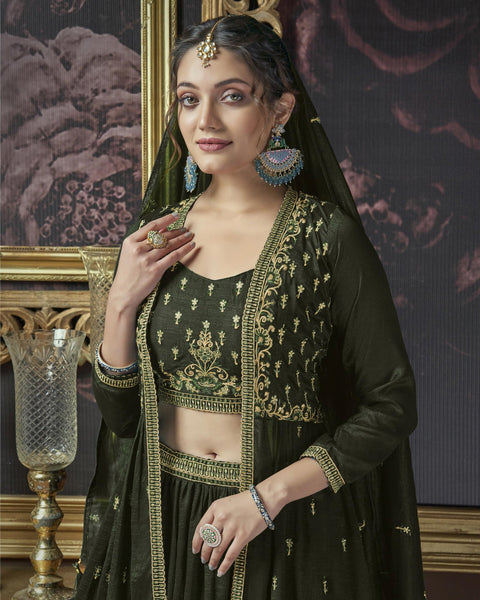 Green Thread Work Silk Lehenga Choli With Jacket &  Green Embroidered Dupatta