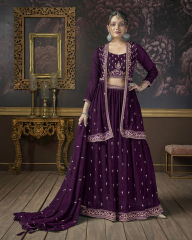 Purple Thread Work Silk Lehenga Choli With Jacket &  Purple Embroidered Dupatta