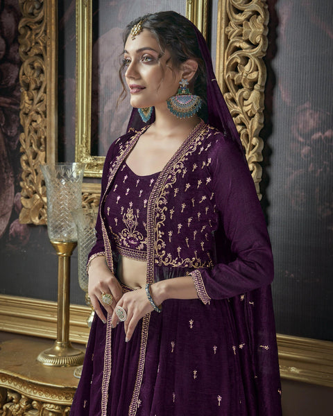 Purple Thread Work Silk Lehenga Choli With Jacket &  Purple Embroidered Dupatta
