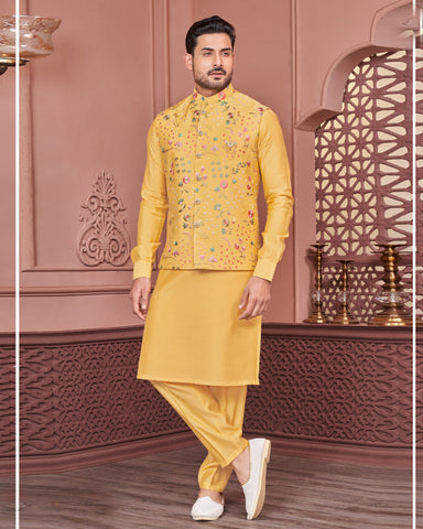 Yellow Banarasi Art Silk Man Kurta Pajama With Embroidered Jacket