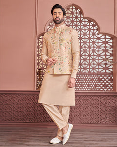 Fawn Banarasi Art Silk Man Kurta Pajama With Embroidered Jacket