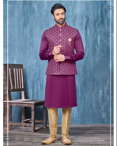 Purple Banarasi Art Silk Man Kurta Pajama With Embroidered Jacket