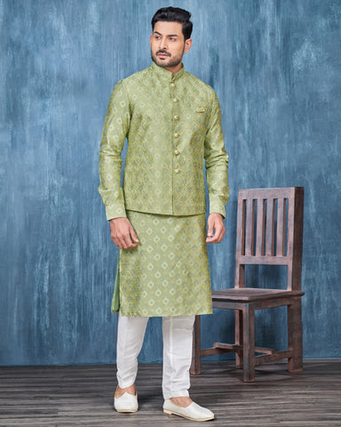 Green Banarasi Art Silk Man Kurta Pajama With Embroidered Jacket