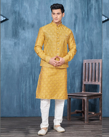 Yellow Banarasi Art Silk Man Kurta Pajama With Embroidered Jacket